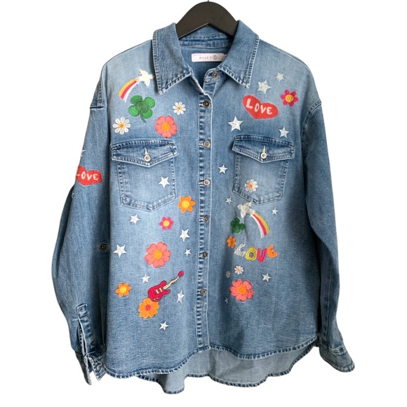 Billy T Festival Denim Shirt Size Medium Embroidered Jean Shacket Sun Love Stars - Picture 1 of 10
